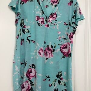 Floral V-Neck Women's Top - Teal and Pink